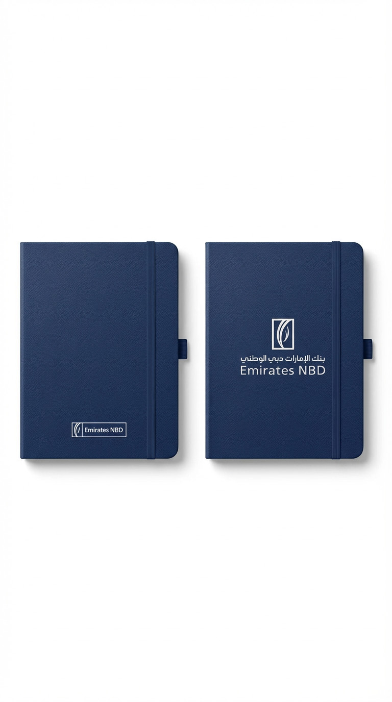 Branded corporate notebooks in a stack