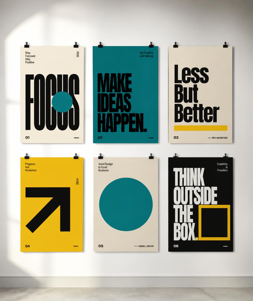 Typographic poster series displayed on a gallery wall