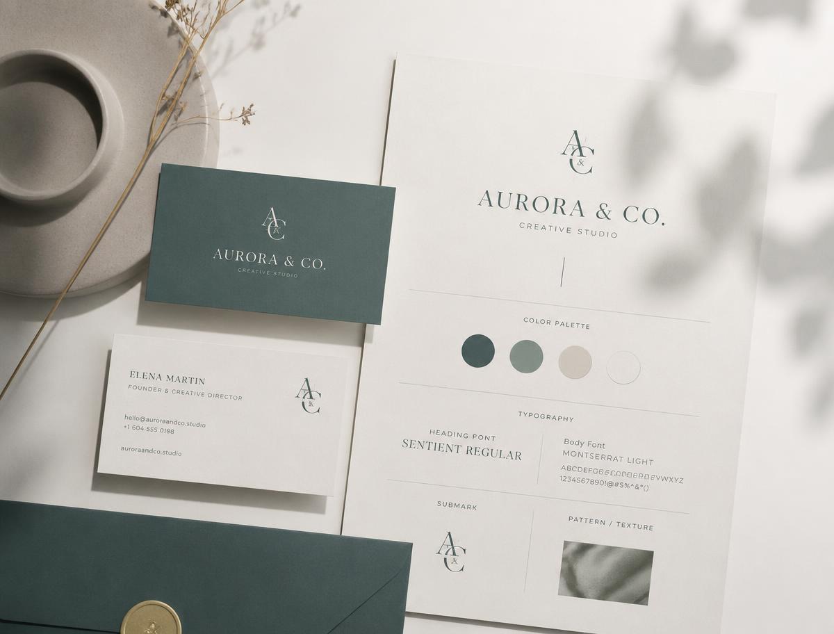 Brand identity stationery system with logo sheet and business cards