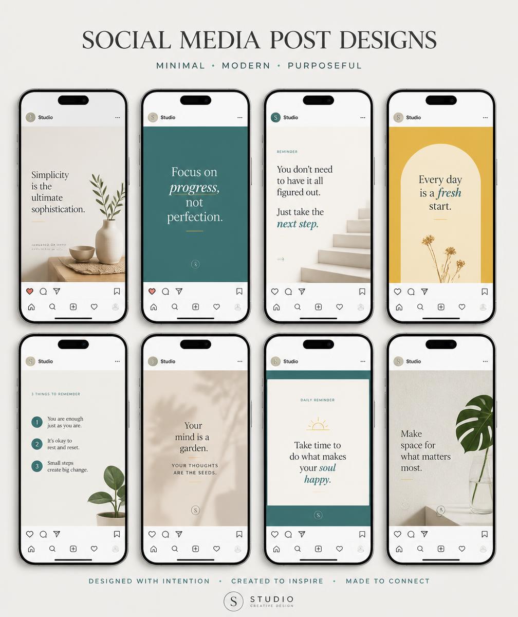 Social media content templates shown across phone screens
